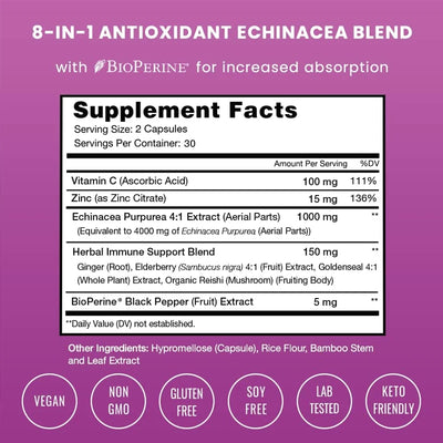 Echinacea, Elderberry, Ganoderma, Ginger, Vitamin C & Zinc Immune Support Capsules